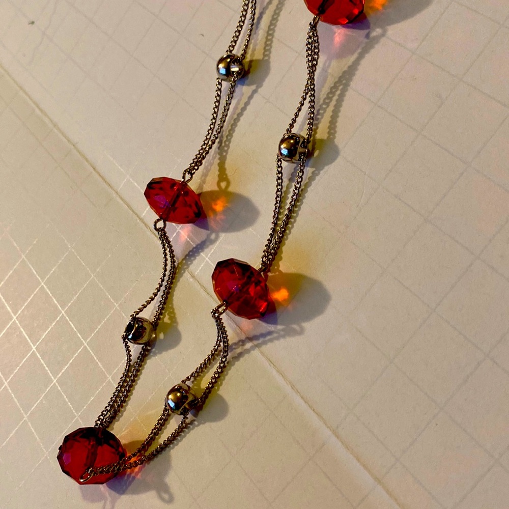 Long Silver Necklace with Red Accent Beads and Silver Beads